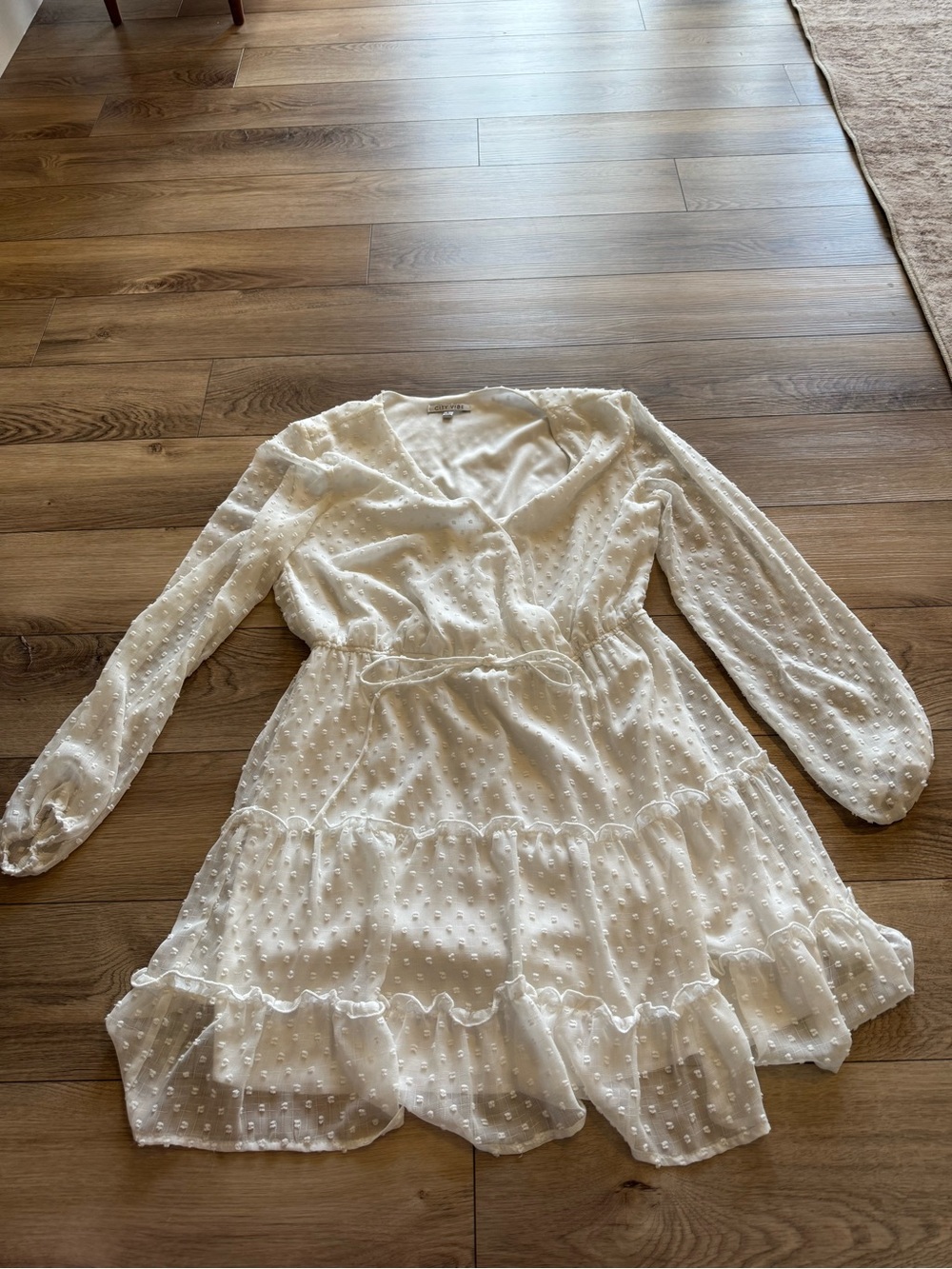 Lightweight White Swiss Dot Long-Sleeve Wrap Dress